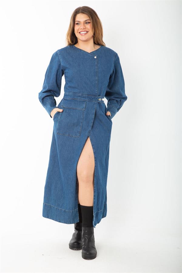 Kadın Lacivert Metal Düğmeli Anvelop Kot Elbise 65N37381