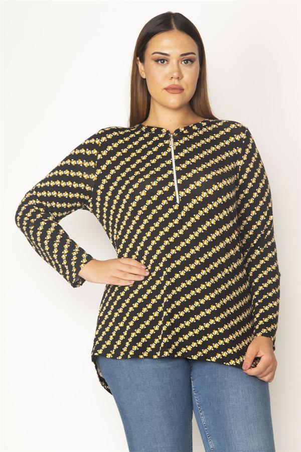 Kadın Siyah Ön Pat Fermuarlı Viskon Bluz 65N28620