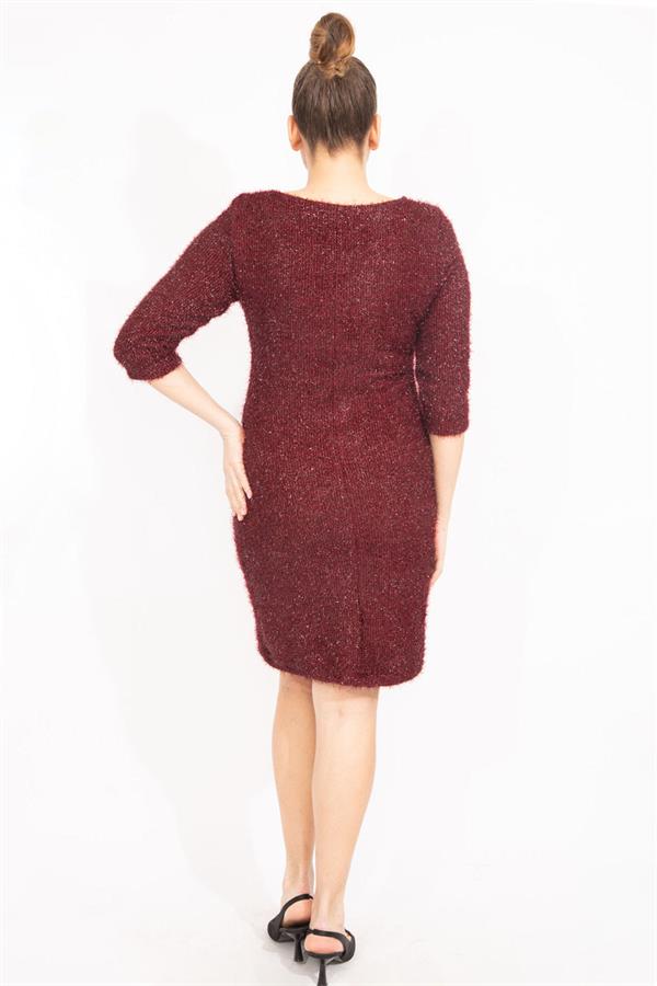 Kadın Bordo Simli Buklet Kumaş Astarlı Elbise 65N35530