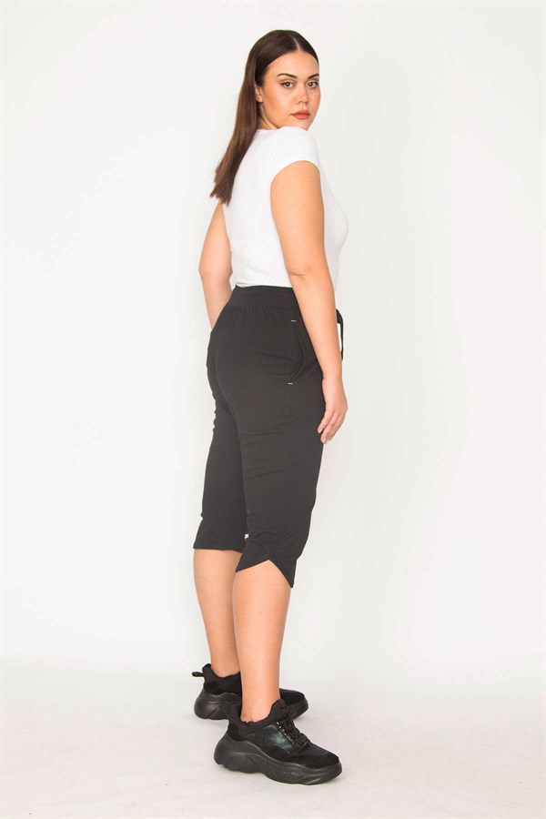 Capri en coton noir pour femme, avec œillets et taille élastique, poches, 65N29527