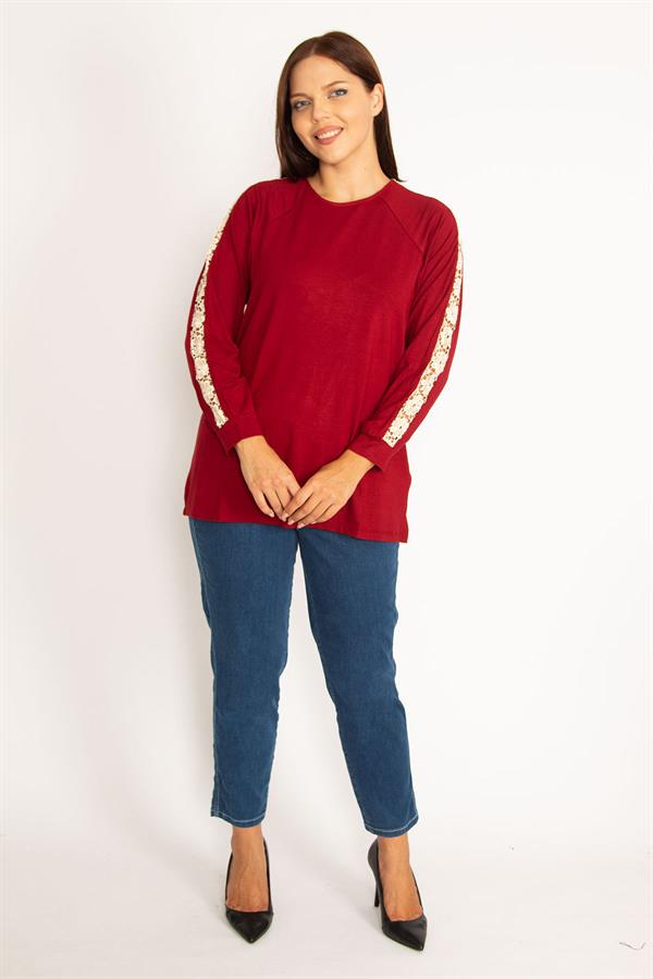 Kadın Bordo Dantel Detaylı Bluz 65N34646