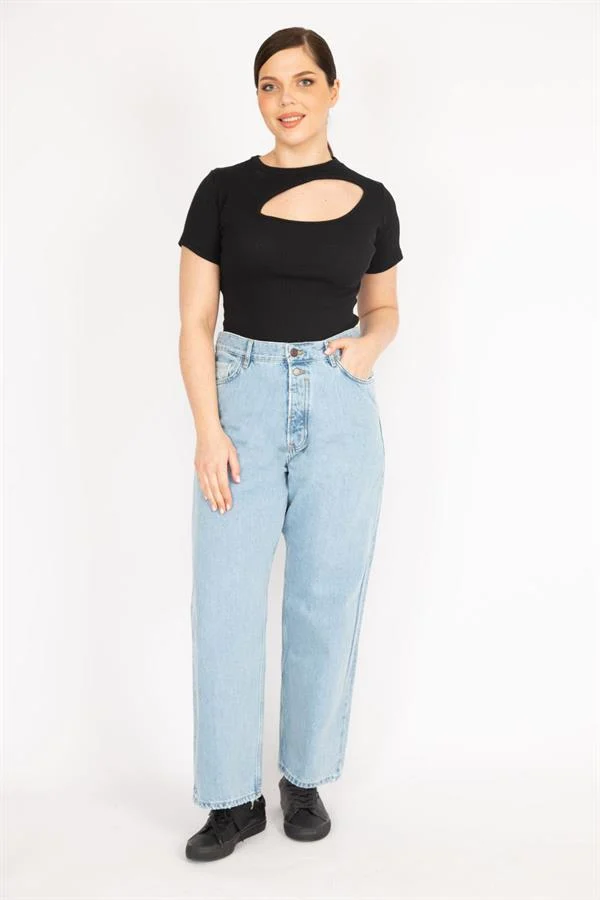 Kadın Mavi Büyük Beden Yıkama Efektli Yüksek Bel Ön Düğmeli Kot Pantolon