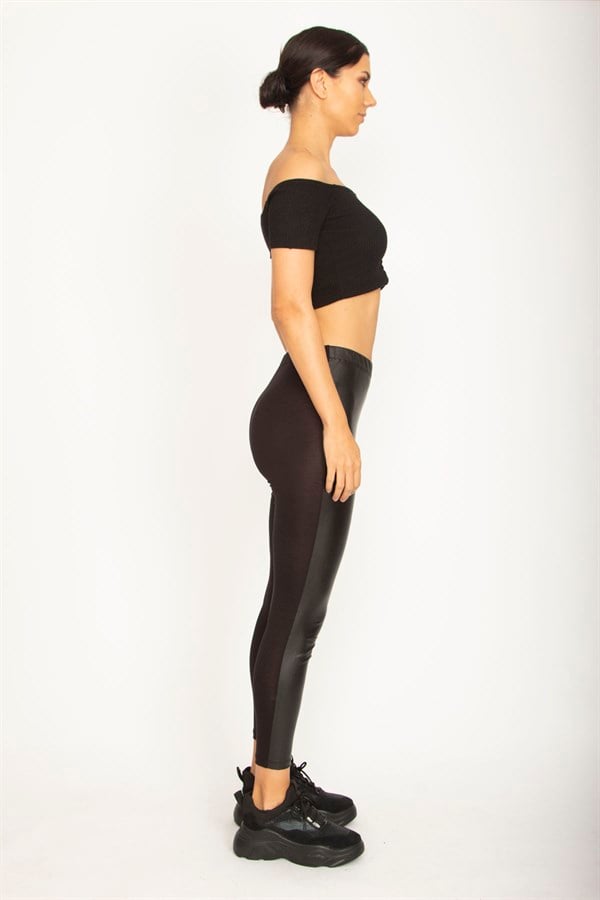 WOMEN'S BLACK FRONT ARTIFICIAL LEATHER COATING, BACK VISCOSE FABRIC LEGGINGS TROUSERS