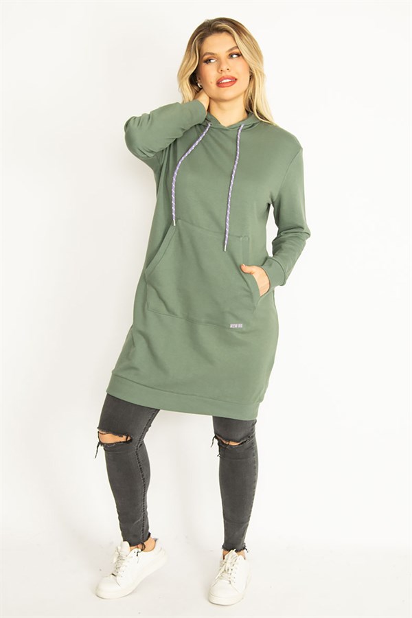 Women's Green Hooded Kangaroo Pocket Long Sweatshirt 65N35070