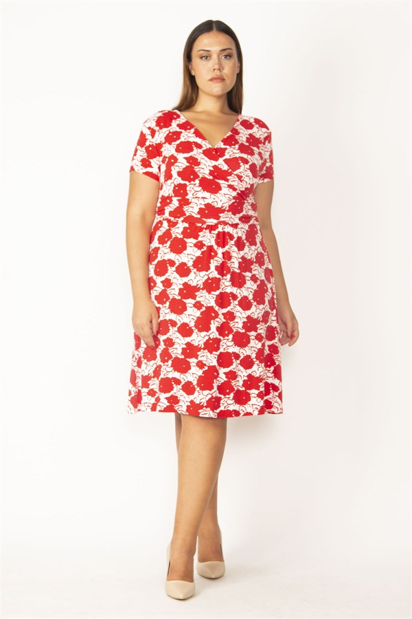WOMEN'S RED WRAPPED COLLAR FLORAL PATTERNED VISCOSE DRESS