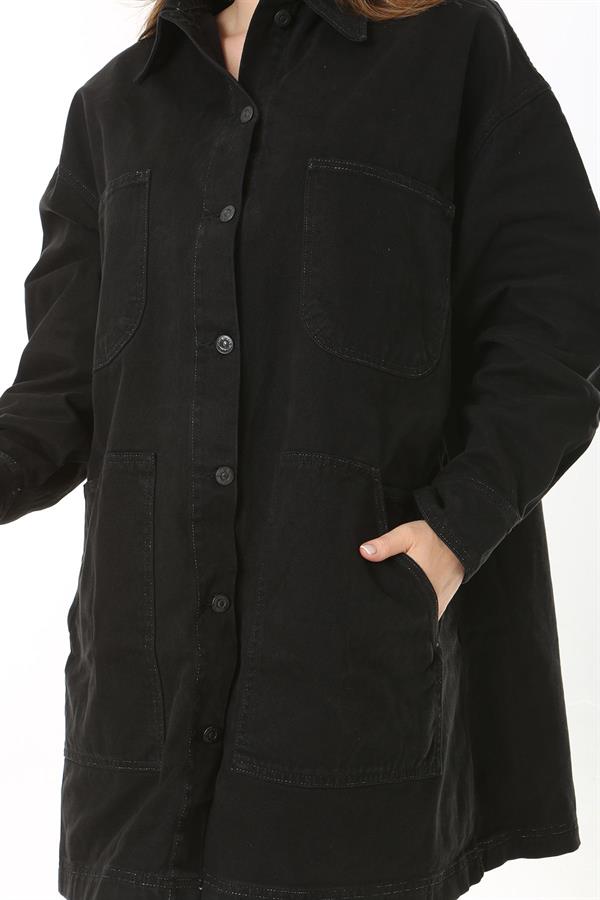 Kadın Büyük Beden Siyah 4 Cepli Rahat Kesim Uzun Kot Mont 65N37893