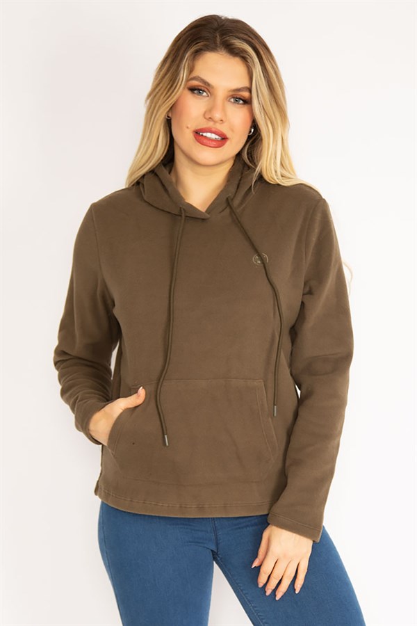 Kadın Haki Kapşonlu Kanguru Cep Polar Sweatshirt 26A35074