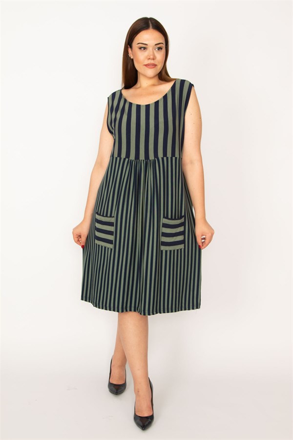 Kadın Haki Çizgi Kombinli Cepli Elbise 65N33220
