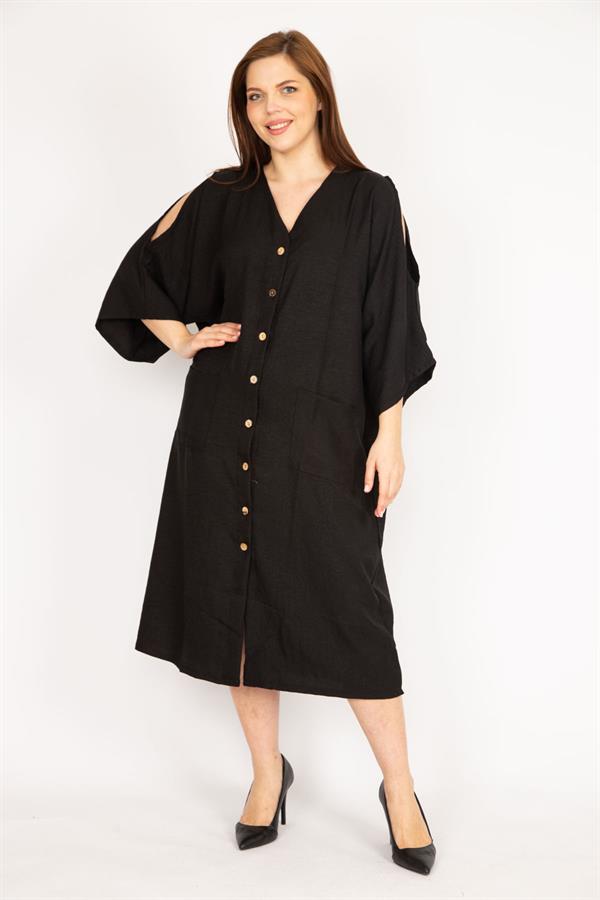 Kadın Camel Büyük Beden Omuz Dekolteli Ön Düğmeli Elbise