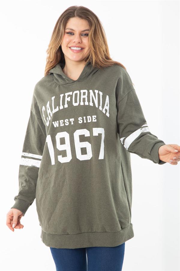 Kadın Büyük Beden Haki İçi Şardonlu Üç İplik Kapşonlu Sweatshirt 65N37290