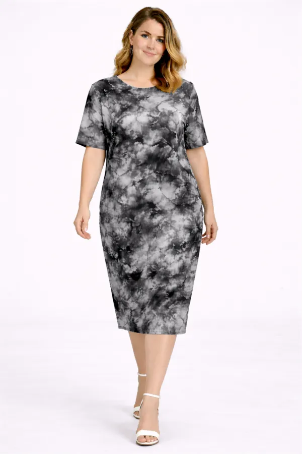 Kadın Büyük Beden Gri, Batik Desen Viskon Elbise 65N39469