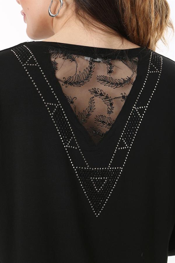 Kadın Büyük Beden Siyah Sırtı Taş Ve Pul Payet Tül Detaylı Uzun Kollu Bluz 65N37691