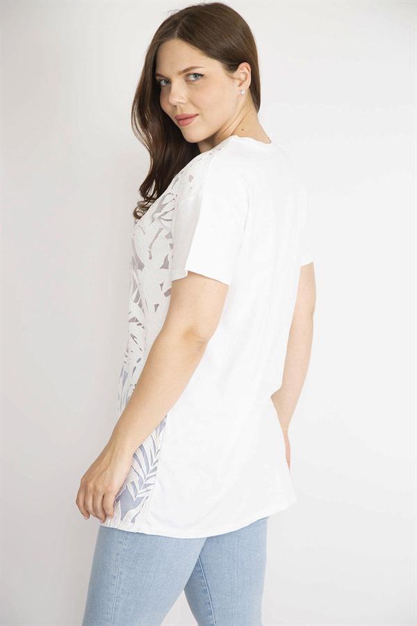 Kadın Beyaz Büyük Beden Önü Flok Bisiklet Yakalı Kısa Kollu Bluz