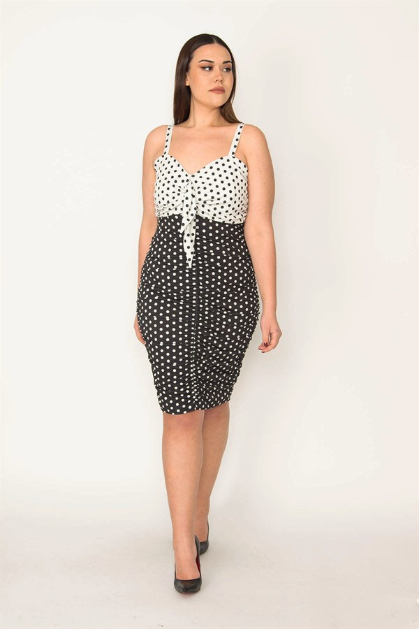 WOMEN'S BLACK SHIRT-DETAILED POINT PATTERNED STRAP DRESS