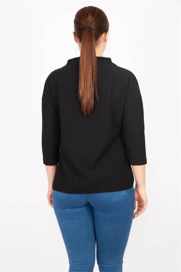 Kadın Kemik Büyük Beden Kapri Kol Kendinden Desenli Yan Yırtmaçlı Bluz