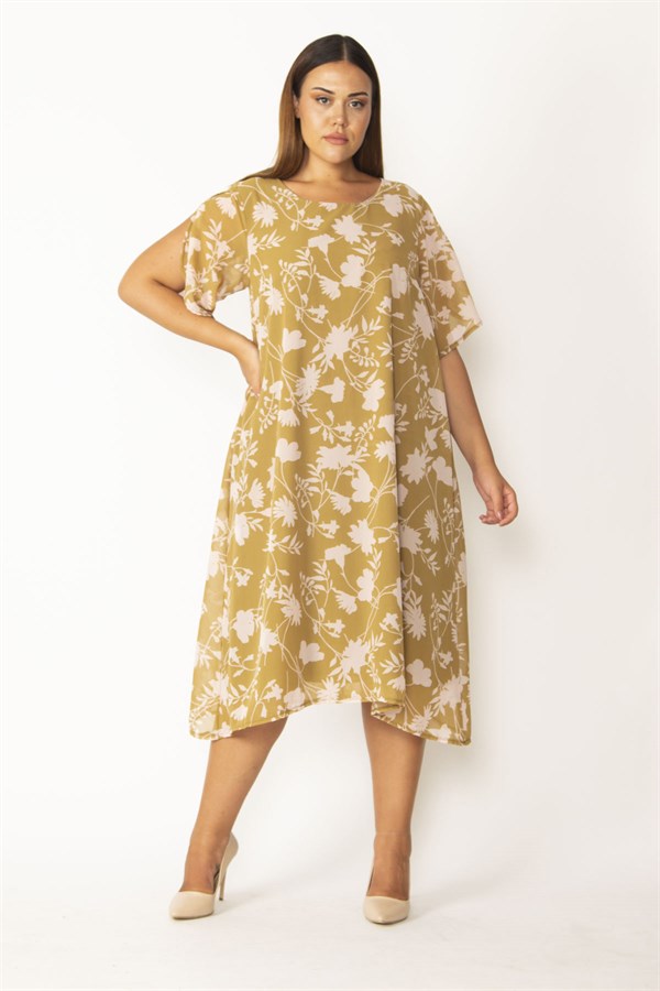 Kadın Haki Astarlı Yırtmaç Kollu Şifon Elbise 65N28127