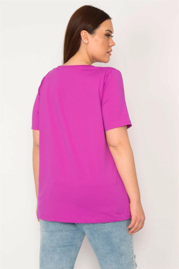 Kadın Eflatun Büyük Beden Tek Yaka Biyeli Spor Bluz 65N35619