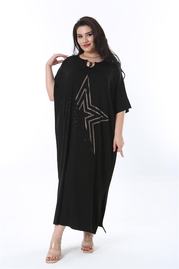 Kadın Büyük Beden Siyah Rahat Kesim Taş Detaylı Elbise 65N38202