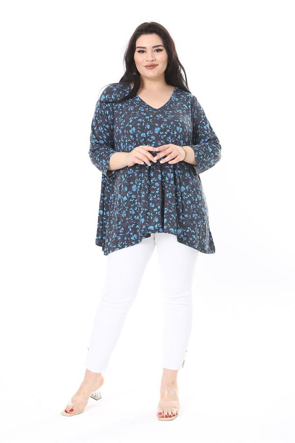 Kadın Büyük Beden Renkli V Yakalı Kapri Kol Desenli Bluz 65N38001