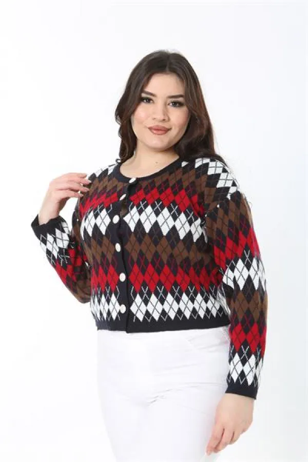 Kadın Büyük Beden Lacivert Baklava Desen Ön Düğmeli Triko Hırka 65N38863