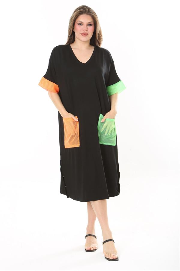 Kadın Büyük Beden Siyah File Ve Süs Düğme Detaylı Rahat Kesim Elbise 65N37859