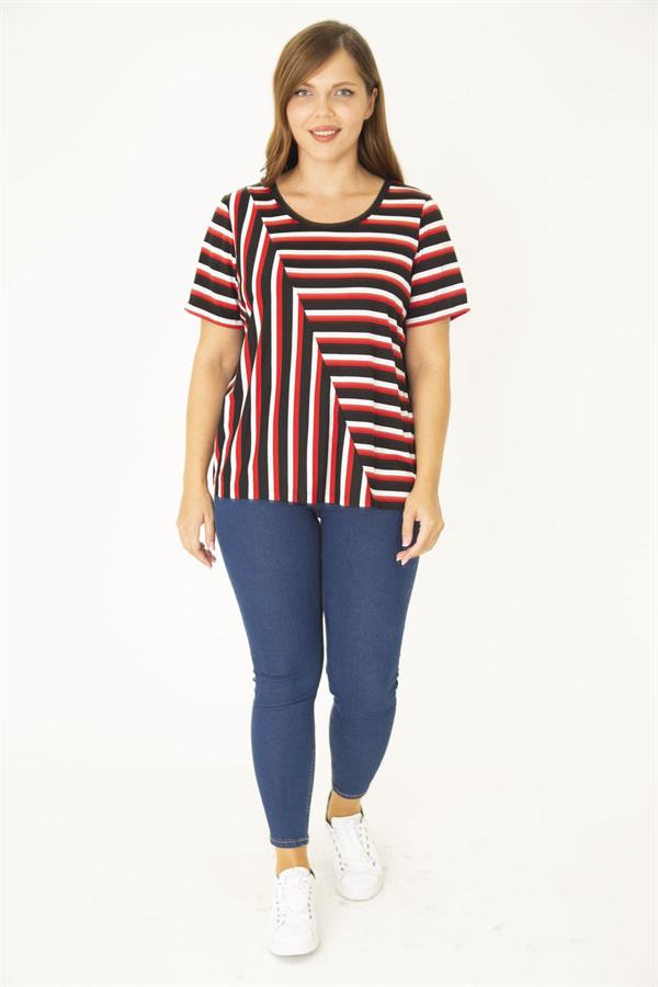 Kadın Büyük Beden Siyah Bisiklet Yakalı Çizgi Kombinli Bluz 65N36935