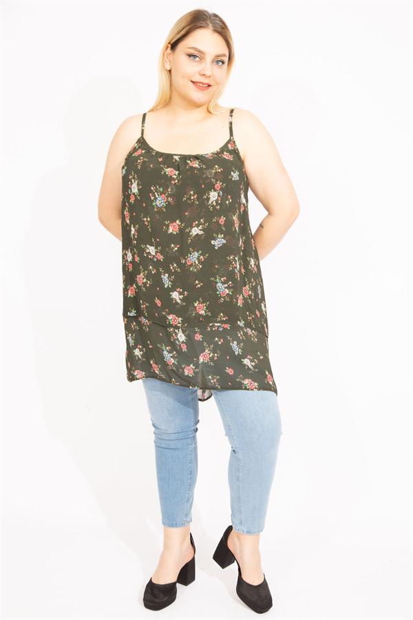 Kadın Haki Büyük Beden Şifon Kumaş Askılı Önü Katlı Bluz 65N35663