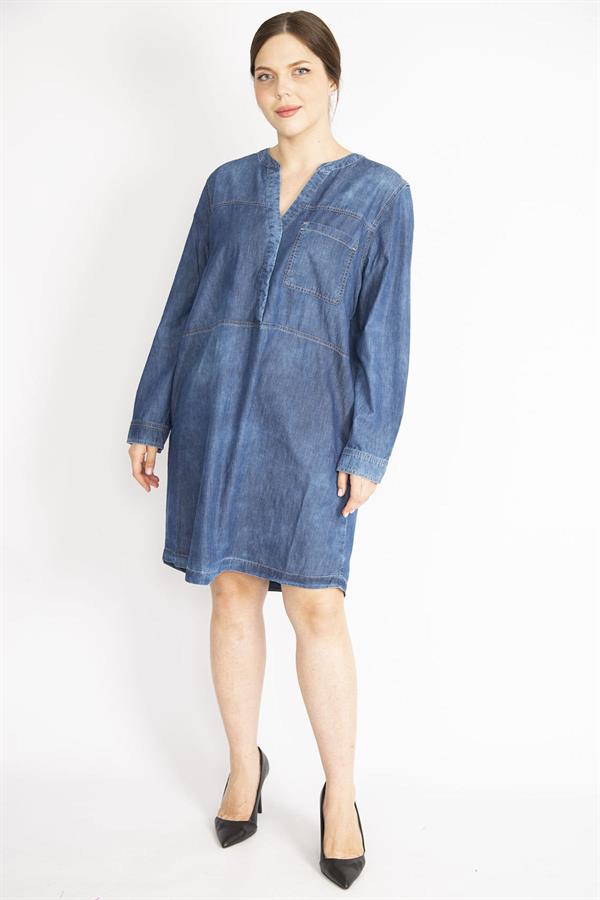 Kadın Lacivert Büyük Beden Yıkama Efektli Ön Patı Çıtçıt Düğmeli Kot Elbise
