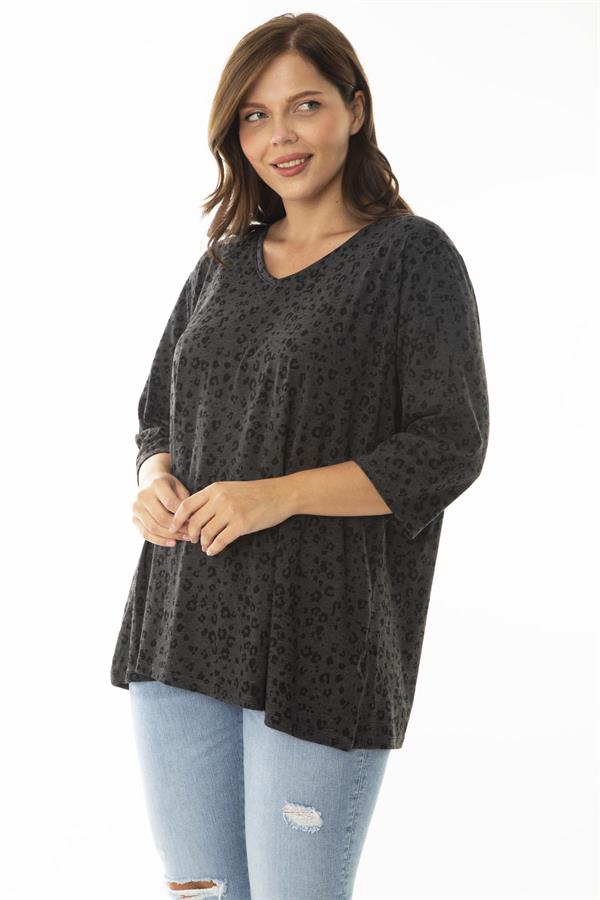 Kadın Büyük Beden Antrasit V Yakalı Kapri Kol Desenli Bluz 65N36959
