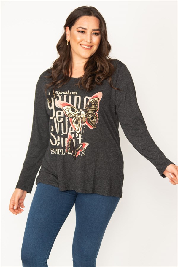 KADIN FÜME BASKI DETAYLI TAŞ İŞLİ KELEBEK FİGÜRLÜ BİSİKLET YAKA TUNİK