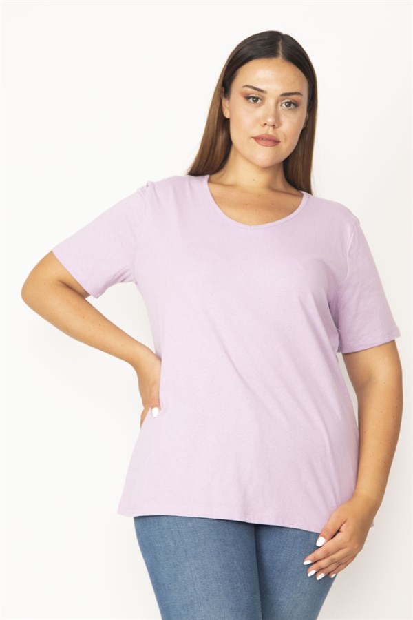 Kadın Lila Pamuklu Kumaş V Yakalı Kısa Kollu Bluz 65N29546