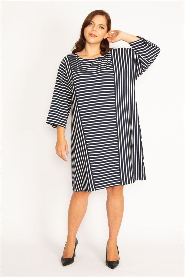 Kadın Lacivert Çizgi Kombinli Kuplu Elbise 65N34789