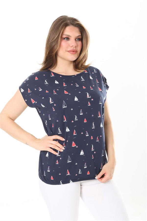 Kadın Büyük Beden Lacivert Pamuk Kumaş Etek Ucu Lastikli Düşük Kollu Bluz 65N37895