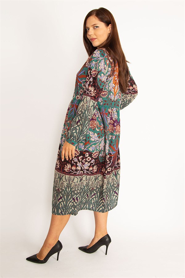 Kadın Renkli Ön Pat Düğmeli Belden Büzgülü Elbise 65N34612