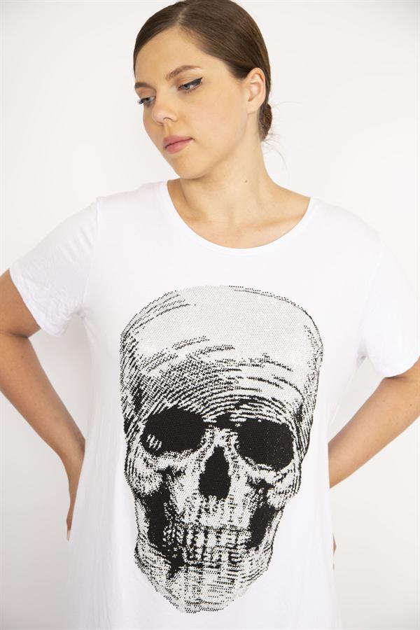 Kadın Büyük Beden Beyaz Taş İşli Bisiklet Yakalı Likralı Bluz