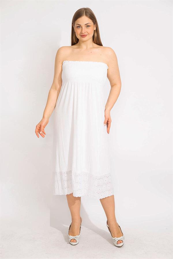 Kadın Kemik Göğüs Kısmı Geniş Gipe Lastikli Etek Ucu Dantel Detaylı Straplez Elbise 65N35680