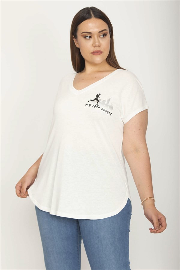 KADIN KEMİK V YAKALI GÖĞÜS KISMI BASKILI ETEK UCU OVAL KESİM BLUZ