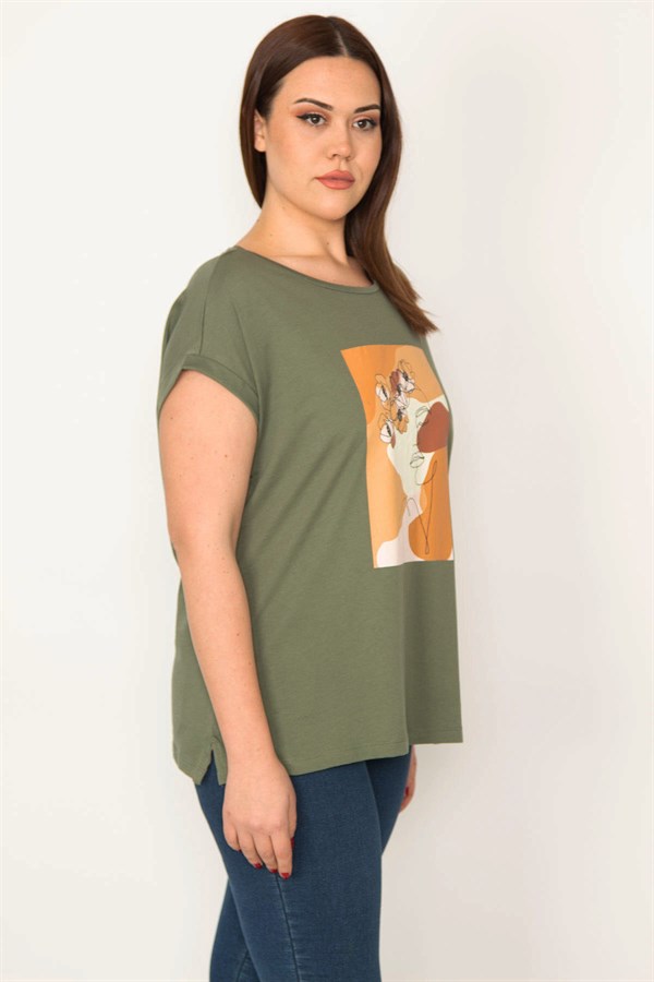 KADIN HAKİ PAMUKLU KUMAŞ DİJİTAL BASKILI KISA KOLLU BLUZ