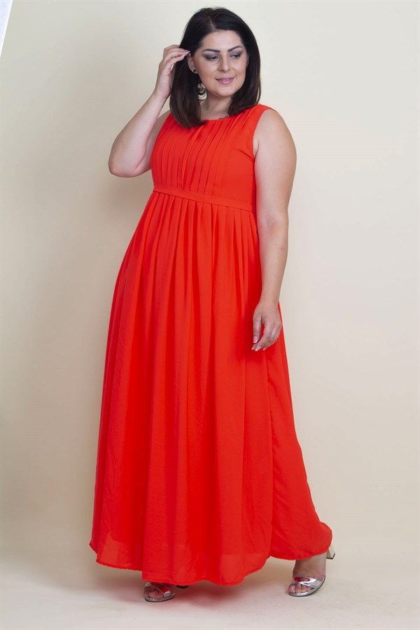 KADIN NAR PİLİSE DETAYLI ASTARLI UZUN KOLSUZ ELBİSE