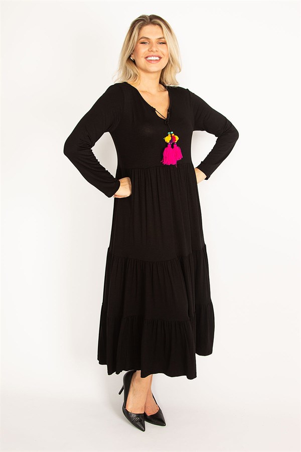 Kadın Fujya Yaka Detaylı Uzun Kollu Katlı Elbise 65N34514