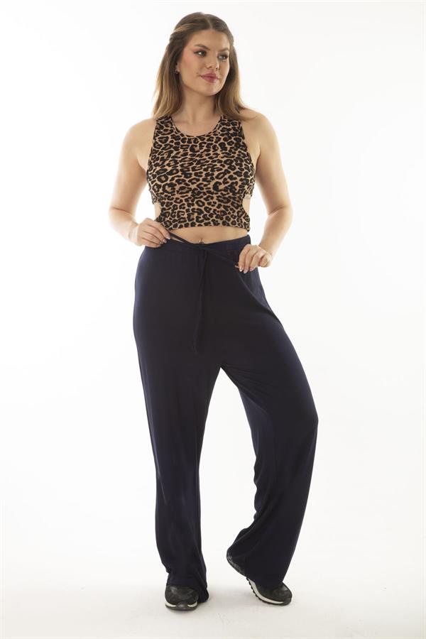 Kadın Büyük Beden Lacivert Beli Lastik Ve Bağcıklı Cepsiz Rahat Kesim Eşofman Alt 65N37060