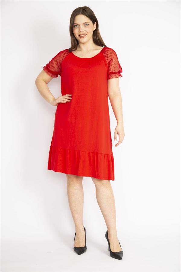 Kadın Kırmızı Büyük Beden Kolları Tül Yakası Lastik Detaylı Etek Ucu Katlı Elbise