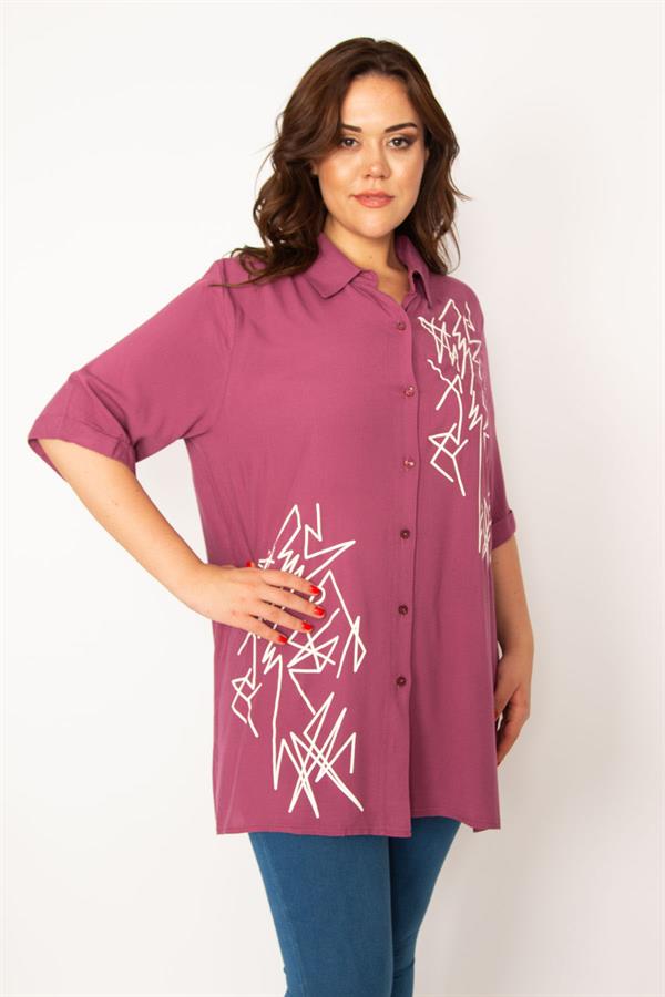 Kadın Mor Ön Düğmeli Baskı Detaylı Dokuma Viskon Kumaş Gömlek 65N33535