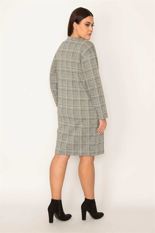 KADIN GRİ EKOSE DESENLİ SIFIR YAKA YAN CEPLİ ELBİSE