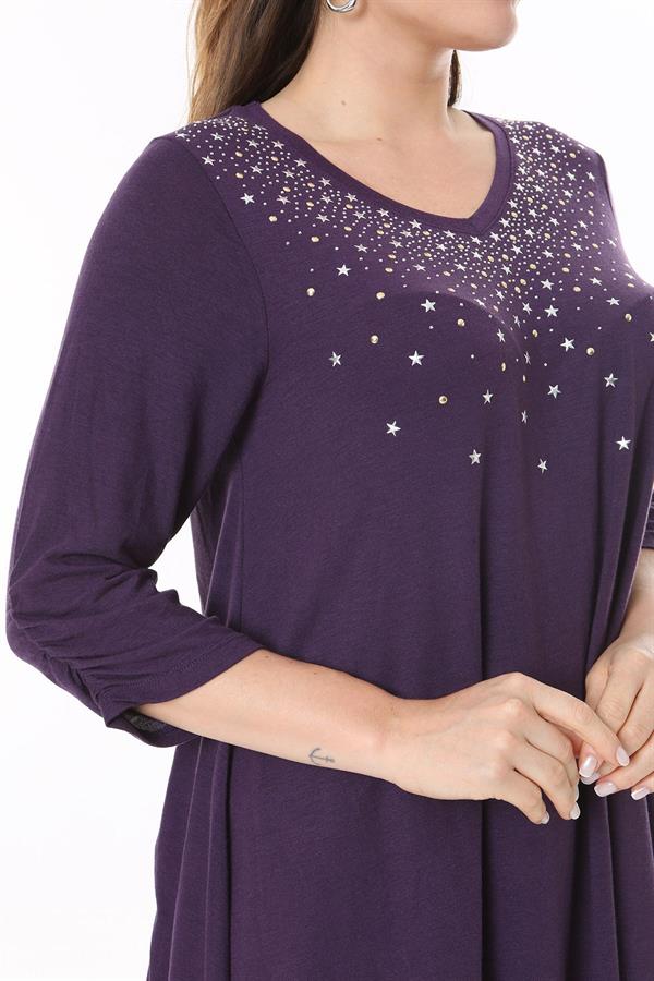 Kadın Büyük Beden Mürdüm Taş Detaylı Kapri Kollu Tunik 65N37696