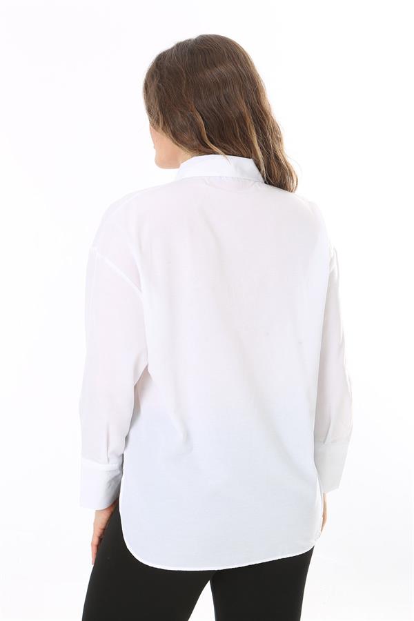 Kadın Büyük Beden Beyaz Ön Düğmeli Arkası Baskılı Gömlek 65N38021