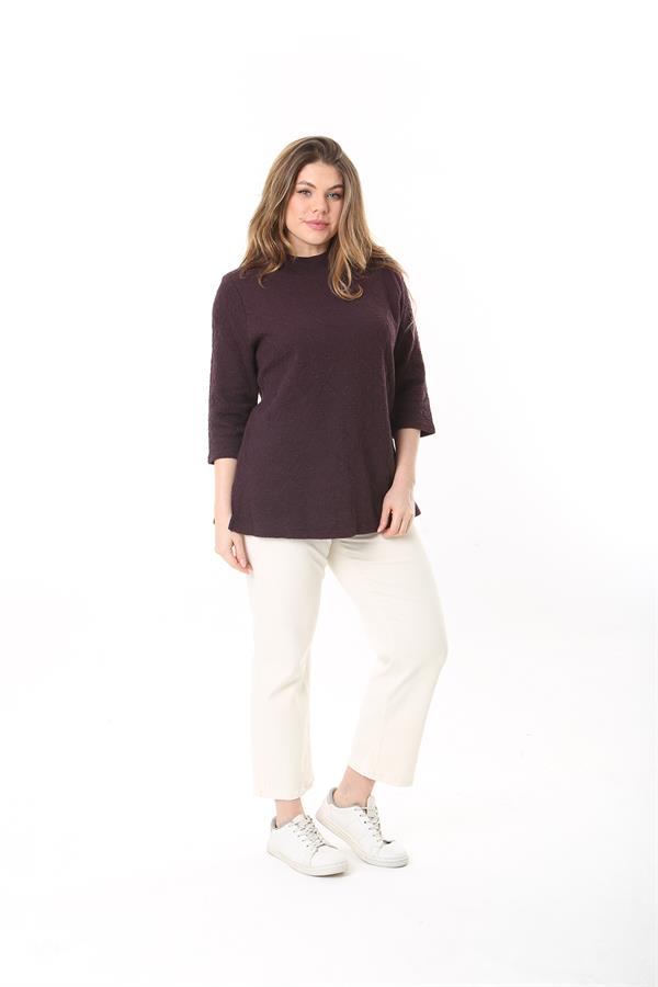 Kadın Büyük Beden Mürdüm Sıfır Yakalı Kendinden Desenli Kapri Kollu Tunik 65N37495