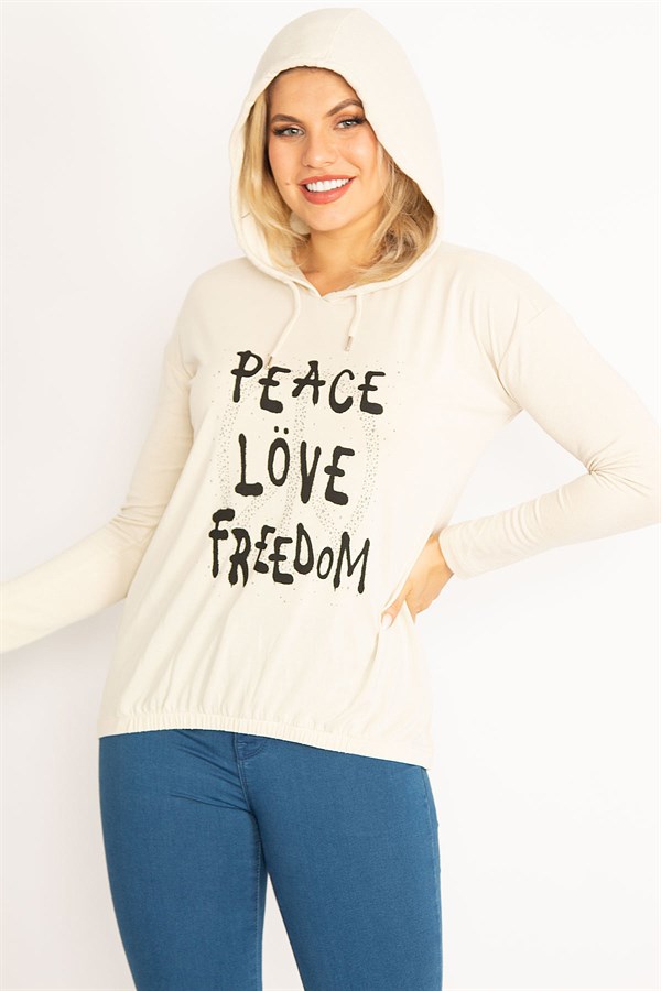 Kadın Bej Ön Baskılı Kapşonlu Etek Ucu Lastikli Bluz 65N34600