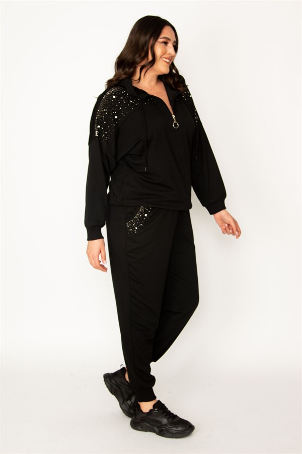 Kadın Siyah İnci Detaylı Kapşonlu Eşofman Takım 65N30435