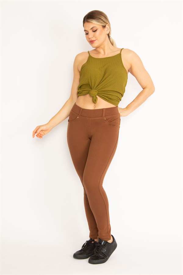 Kadın Kahve Ön Süs Ve Arka Cepli Tayt  65N34534